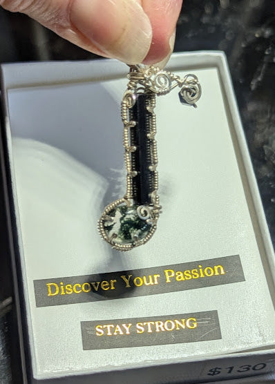 Musical Moss Agate and Tourmaline Silver Pendant