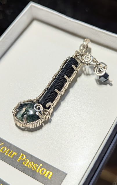 Musical Moss Agate and Tourmaline Silver Pendant